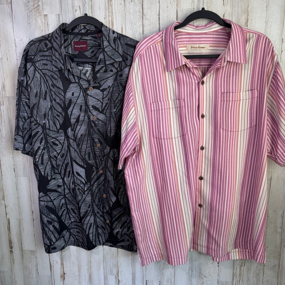 Tommy Bahama Shirt Men XL Black Palm Pink Stripe 100% Silk Hawaiian Lot 2 Travel